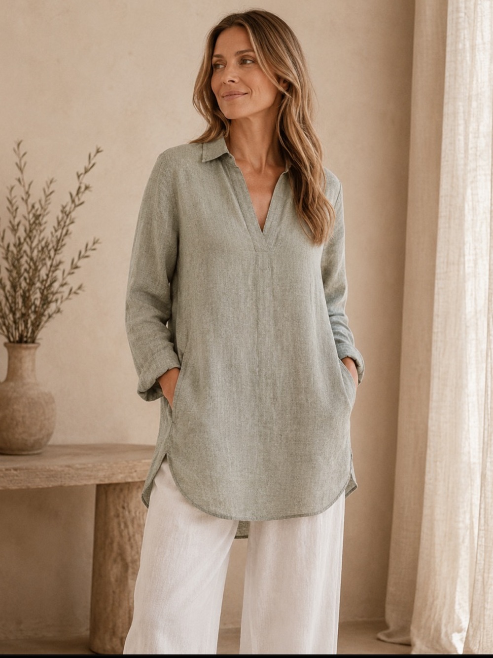 Artisan NY 100% Linen Tunic Top Sage Green Pockets Relaxed Boho Minimalist Med